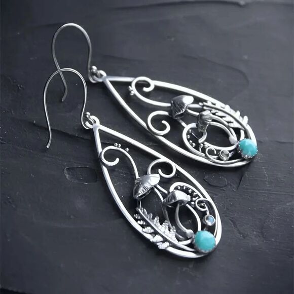 Boho Filigree Mushroom Turquoise Dangle Earrings - Picture 2 of 5